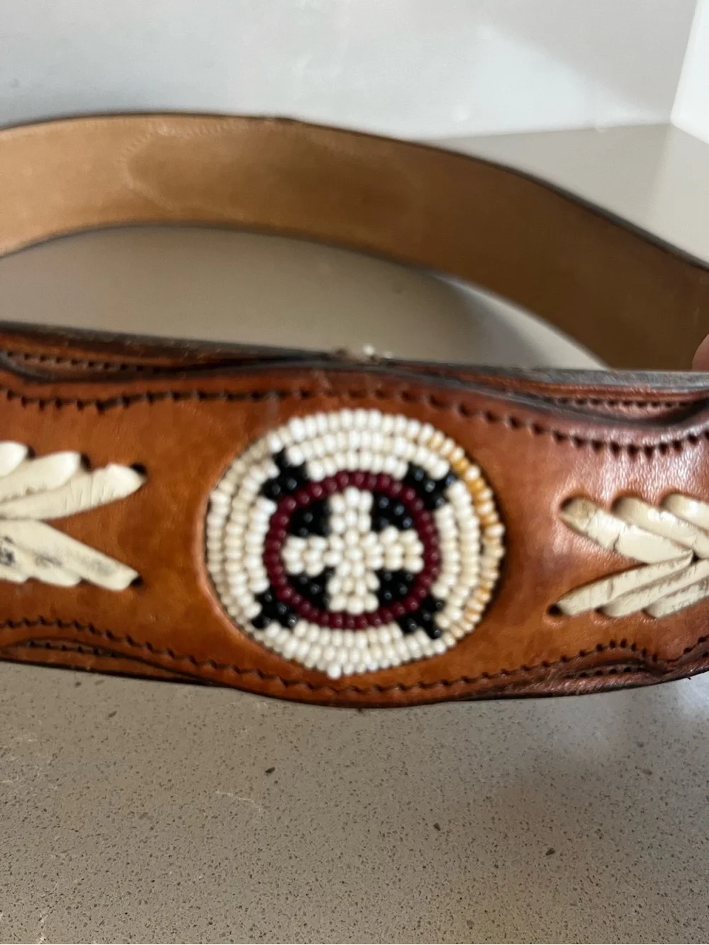 Wright Floral Tooled Leather Belt Beaded Inlay Patches Leather Stitching Men 34